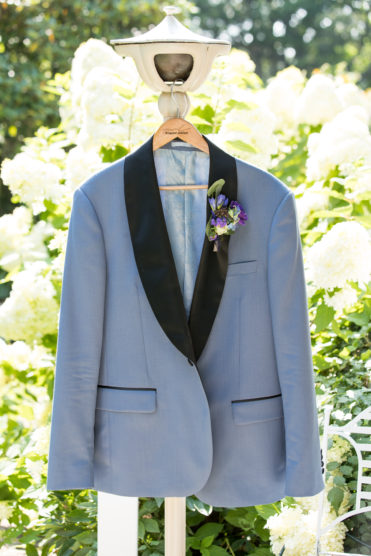 Dusty blue groomsmen tuxedo for a spring wedding