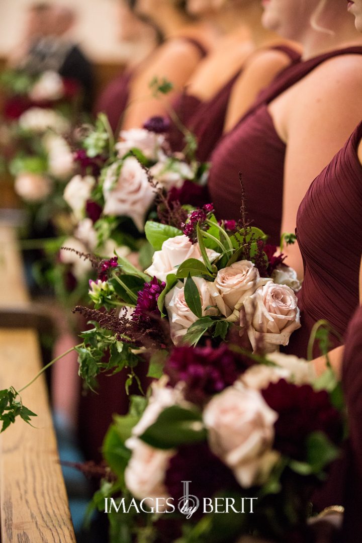 bridesmaids bouquets in cream, green and wine