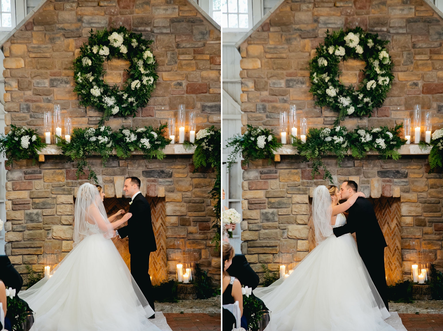 bride and groom at ceremony with greenery