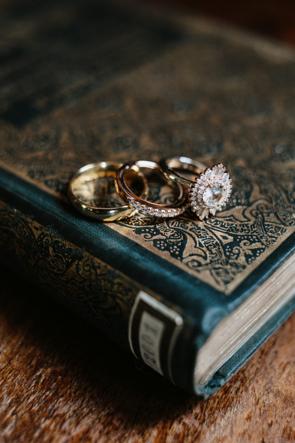 rose gold engagement ring and wedding bands
