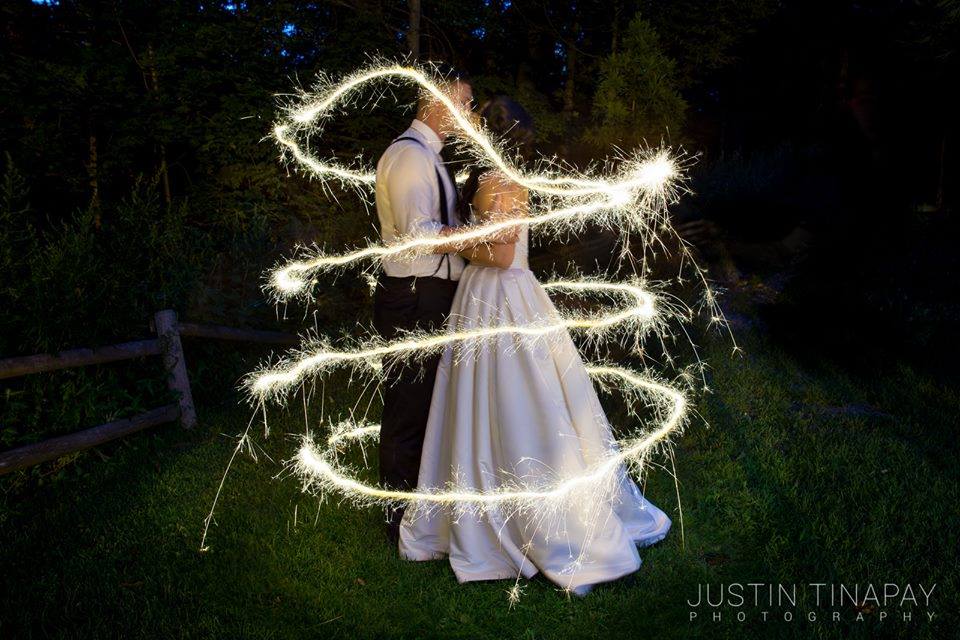 bride and groom surrounded by sparklers