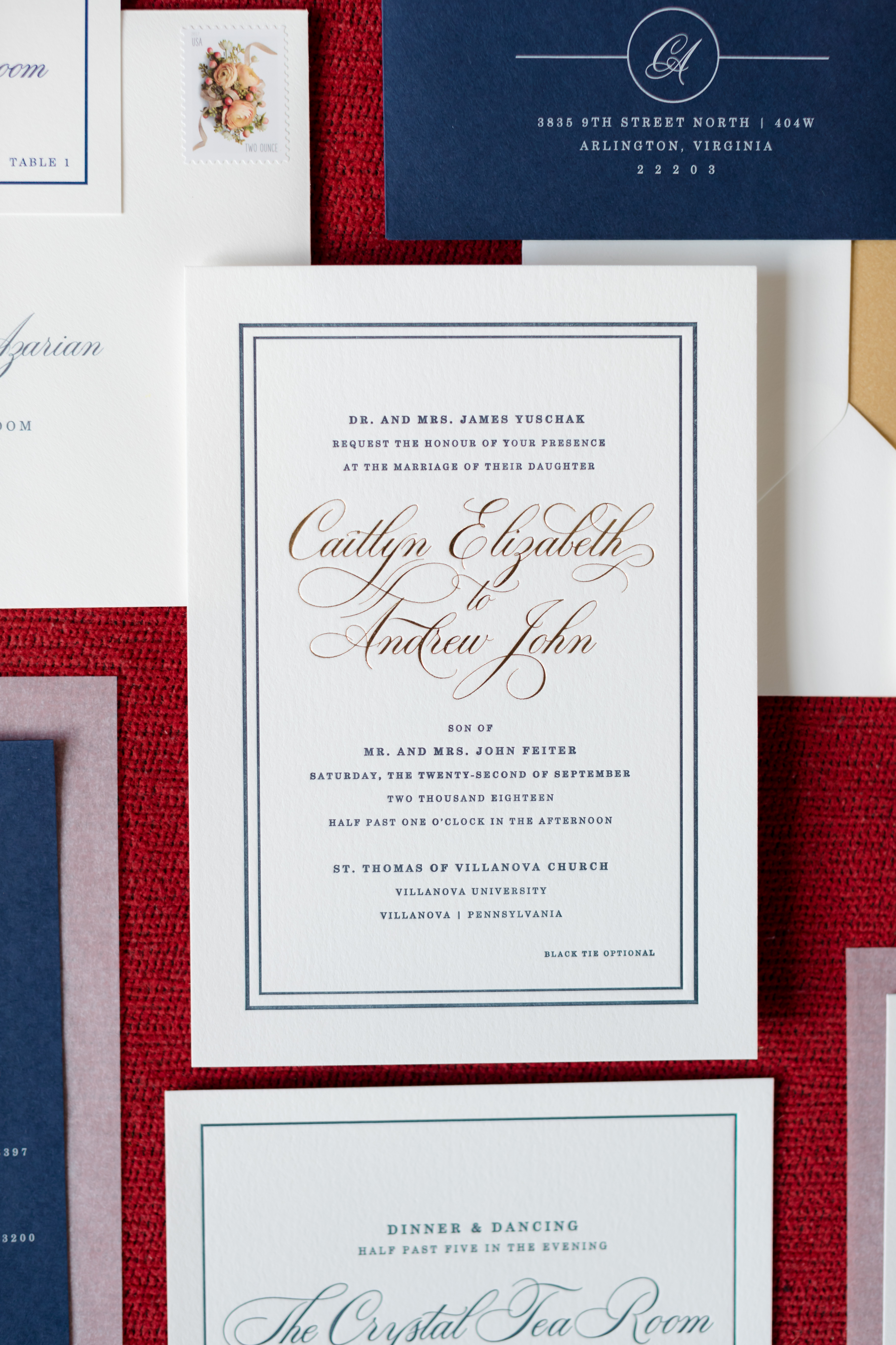 navy, gold and white modern wedding invitation suite