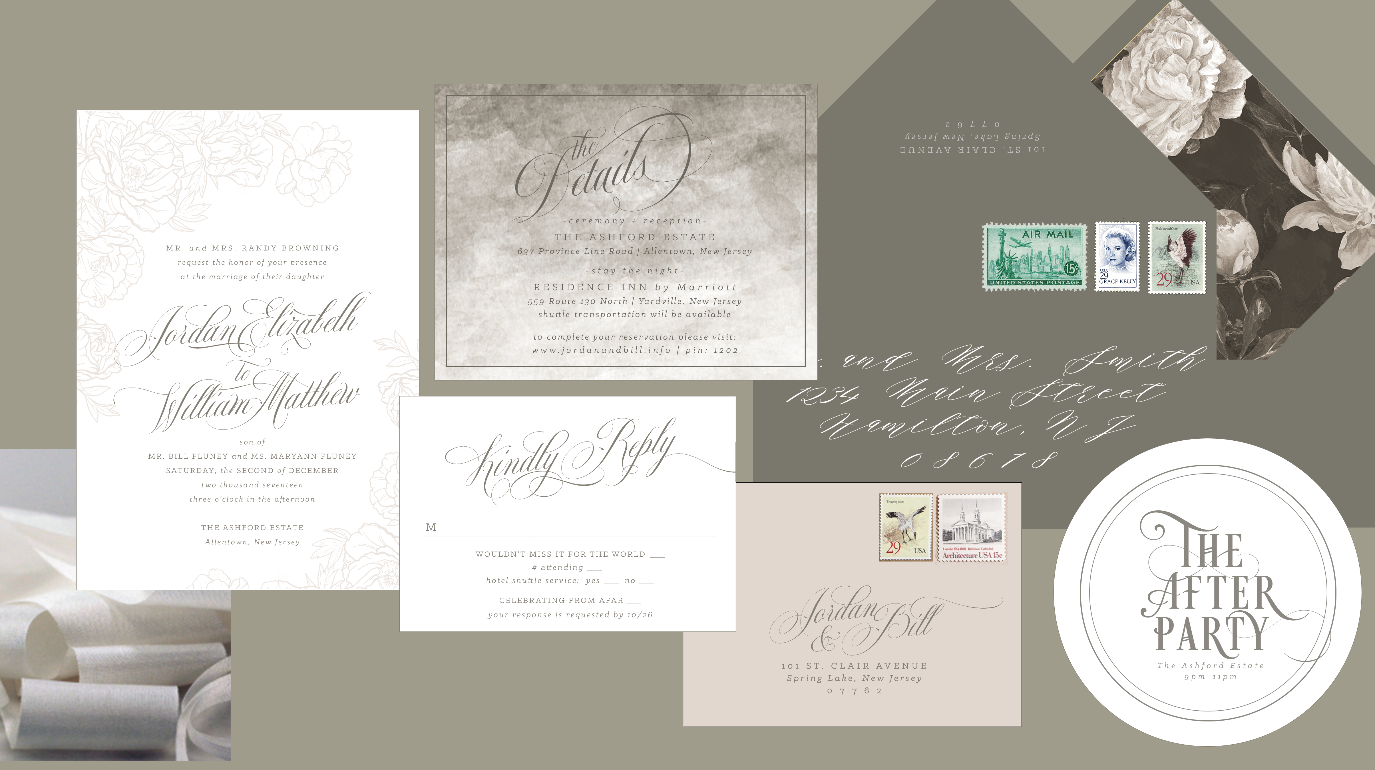 gray and white invitation suite