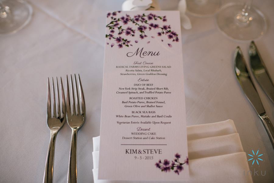 wedding menu with deep purple flowers