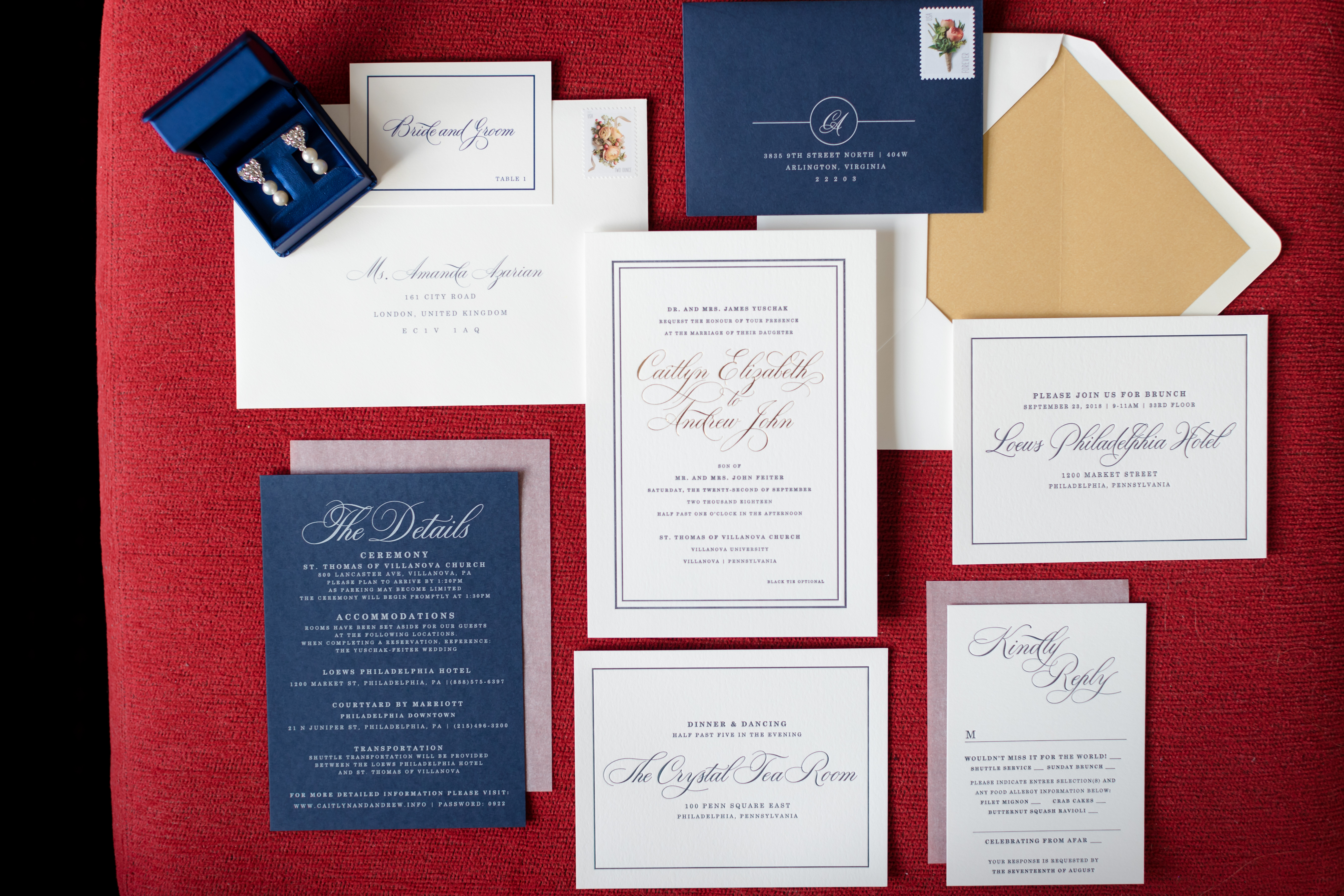 navy gold and white modern wedding invitation suite