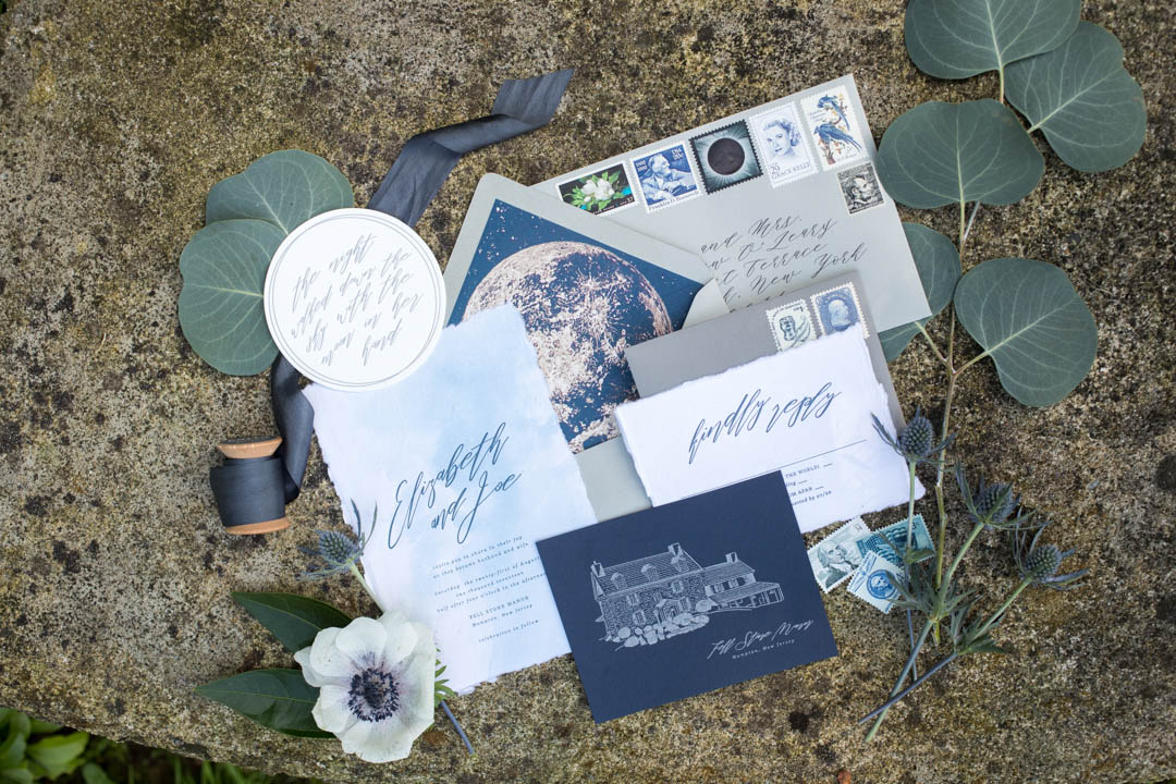 purple, blue and gray wedding invitation suite