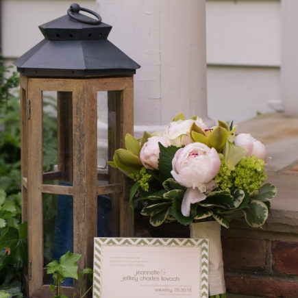 pink peony bouquet and chevron invitation