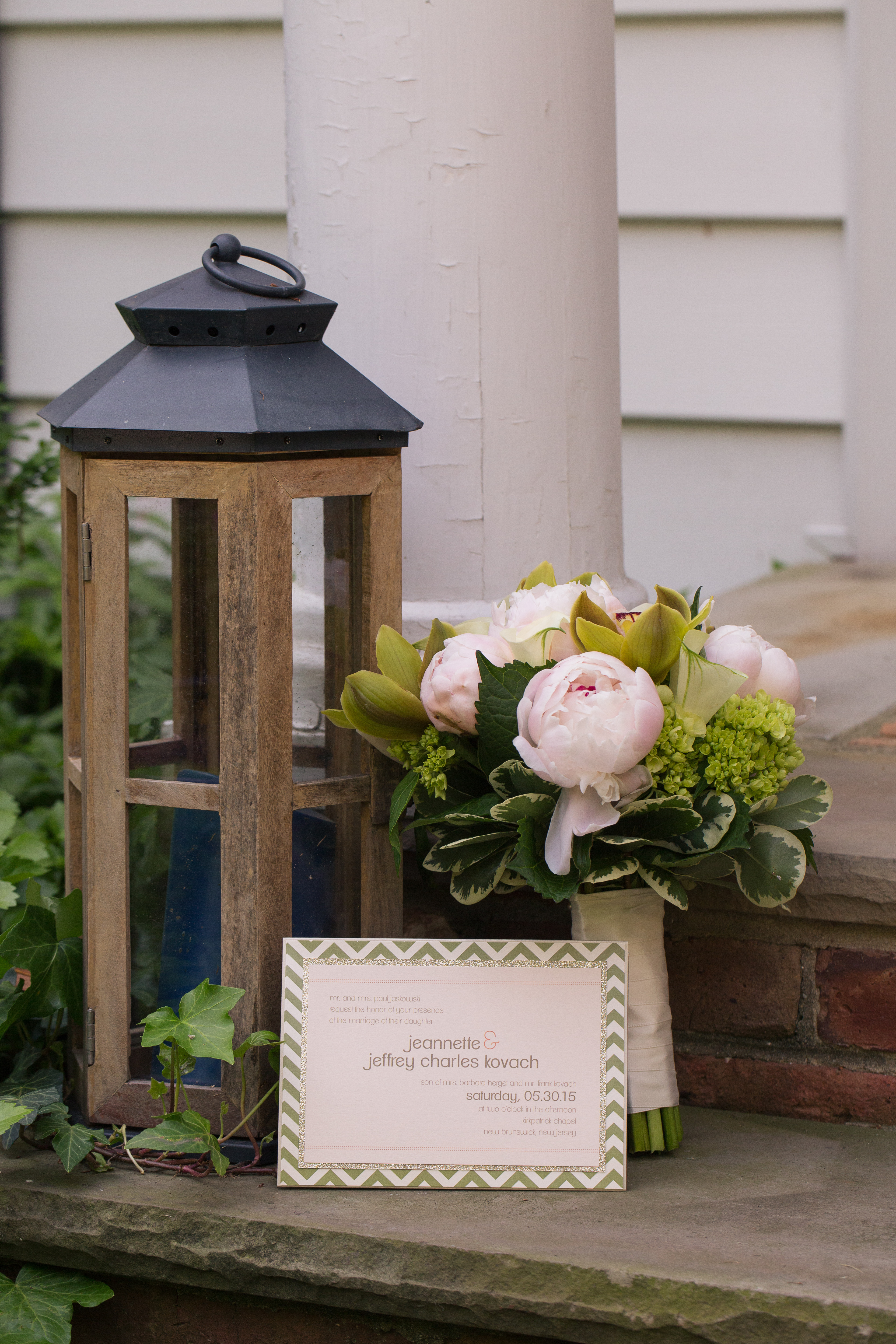 pink peony bouquet and chevron invitation