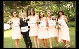 bridesmaids in short peach dresses