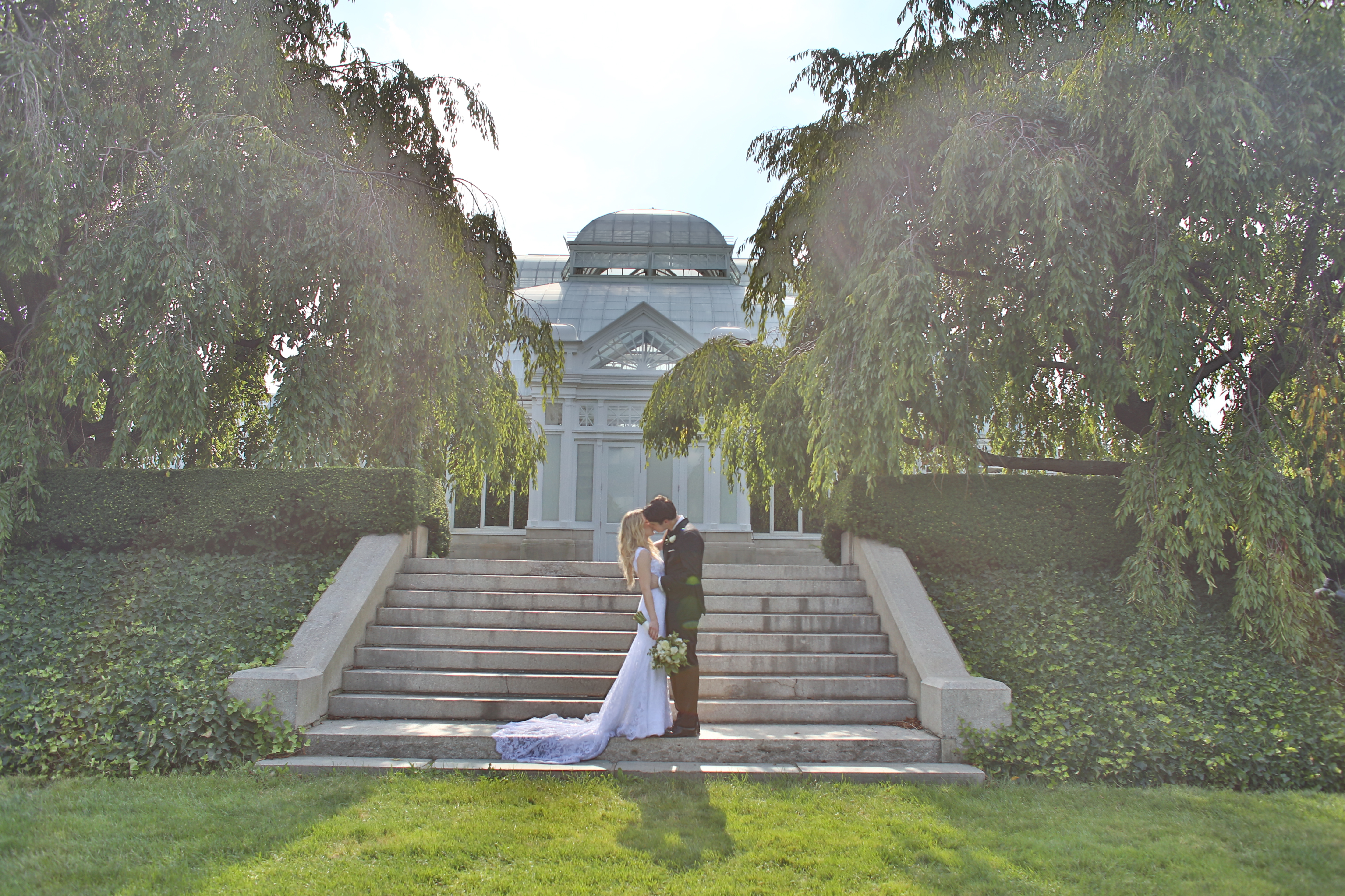 bride and groom outside conservatory