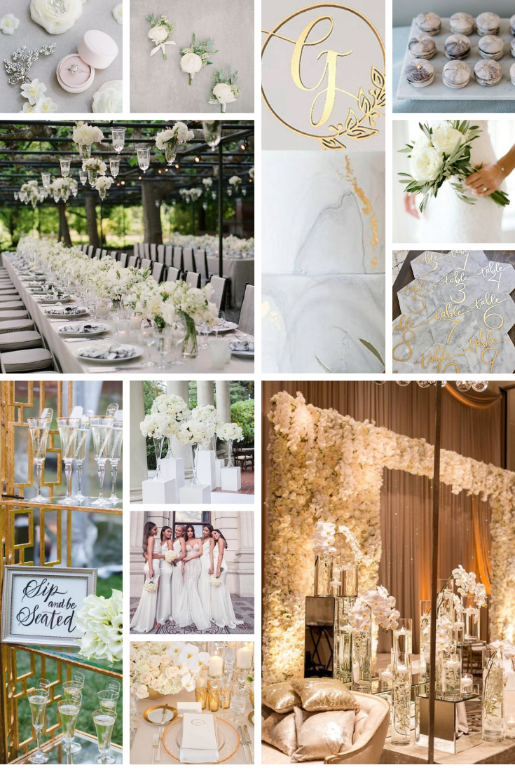 white and gold inspo board for wedding