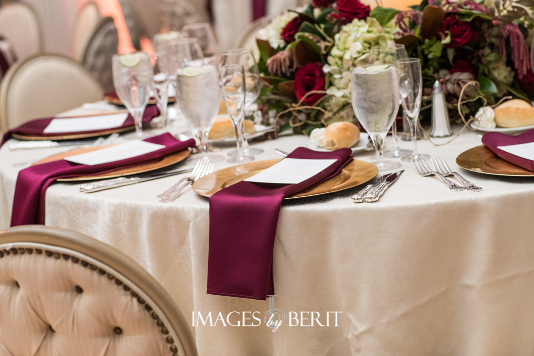 wedding reception table with wine napkins