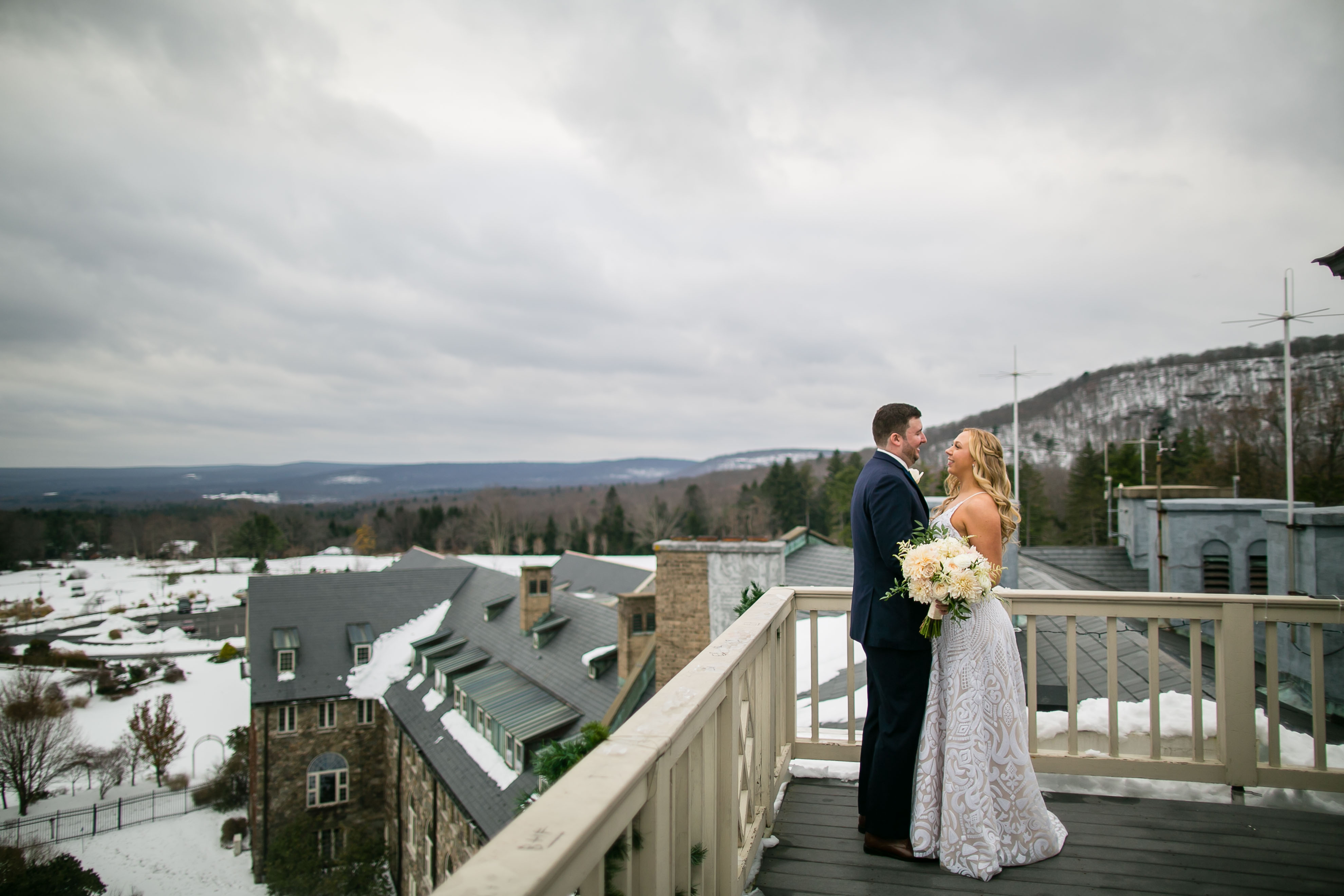 bride and groom and mountain