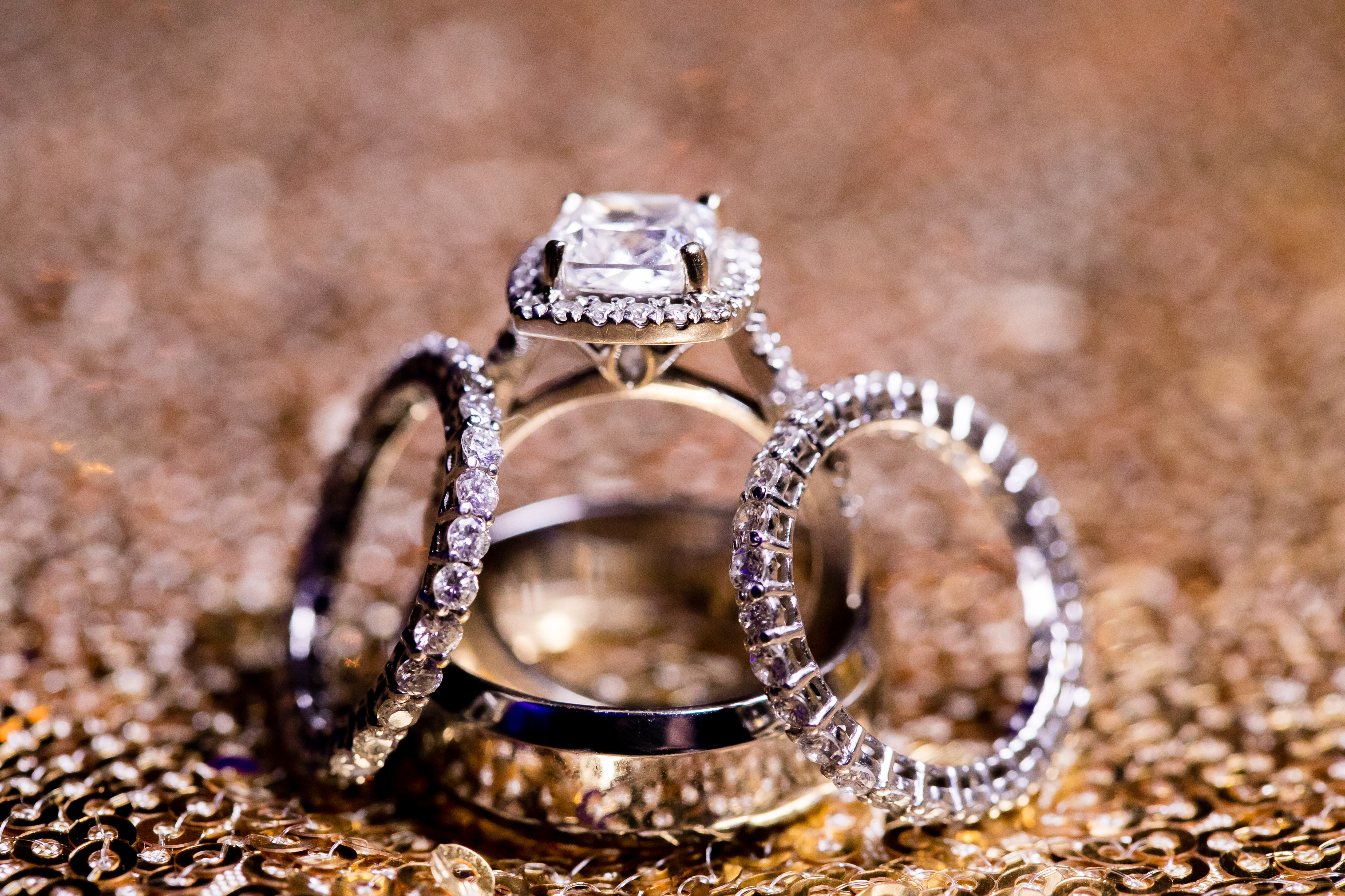 engagement ring and wedding bands