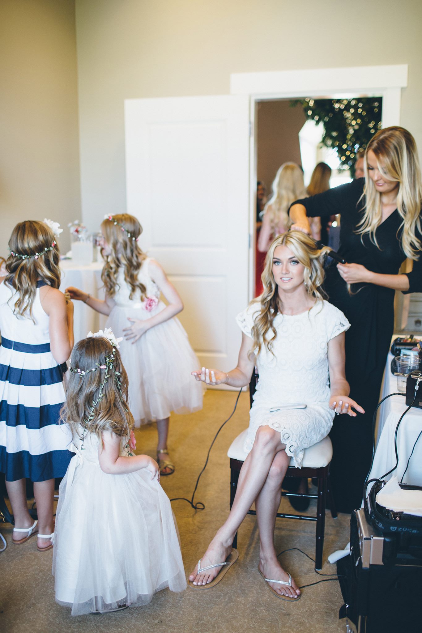 bride getting hair done