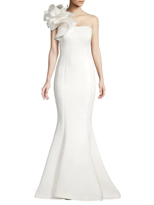 one shoulder white jovani wedding gown