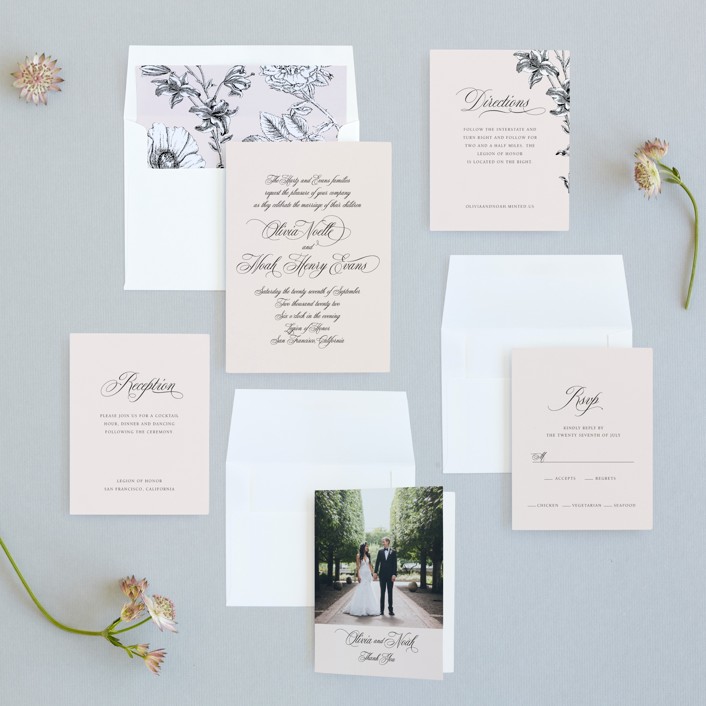 blush and black wedding invitation suite