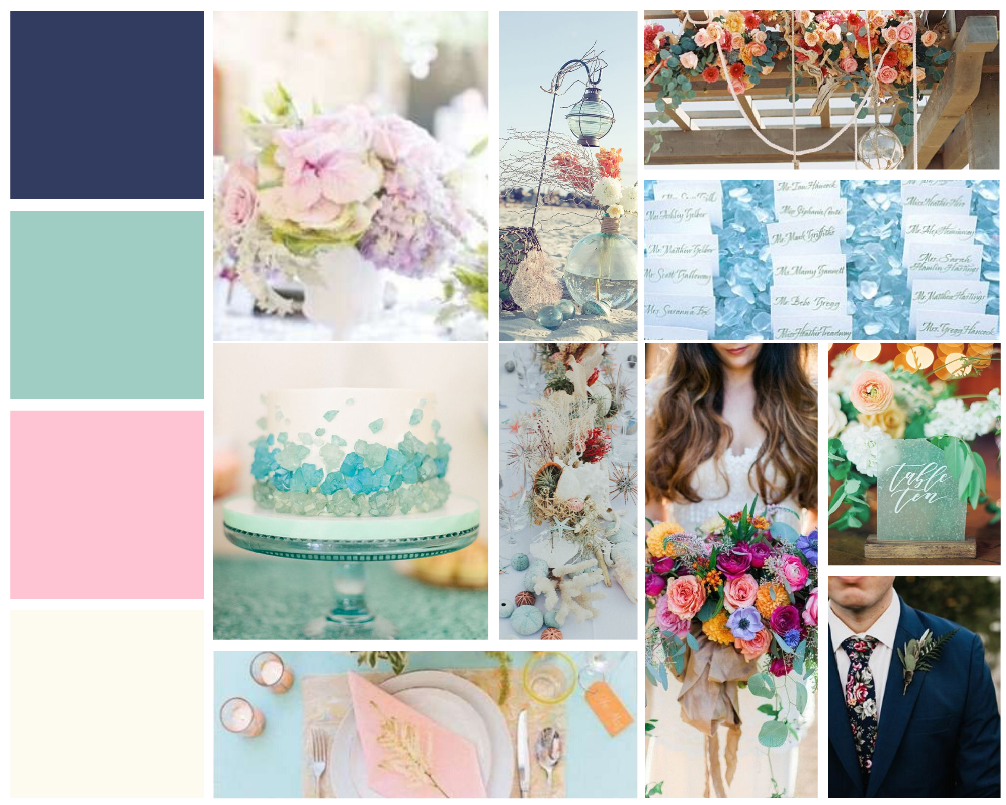 mood board for sea glass green wedding day