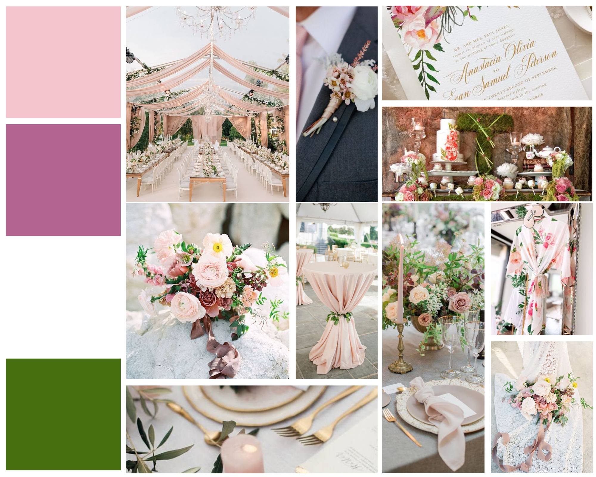 wedding mood board with pink and green