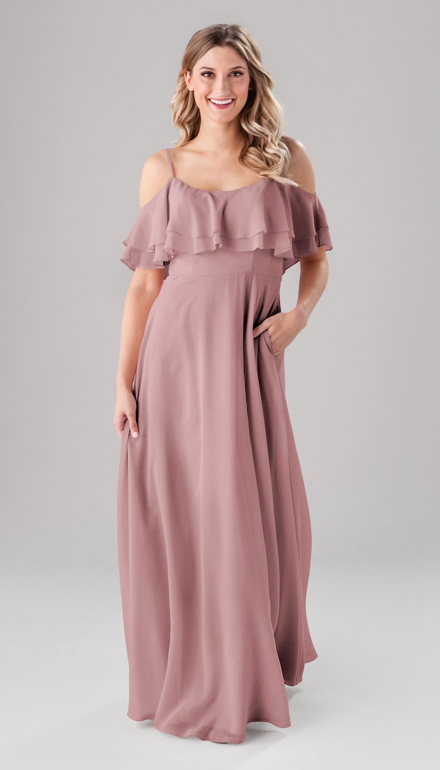 long off the shoulder pink bridesmaid dress