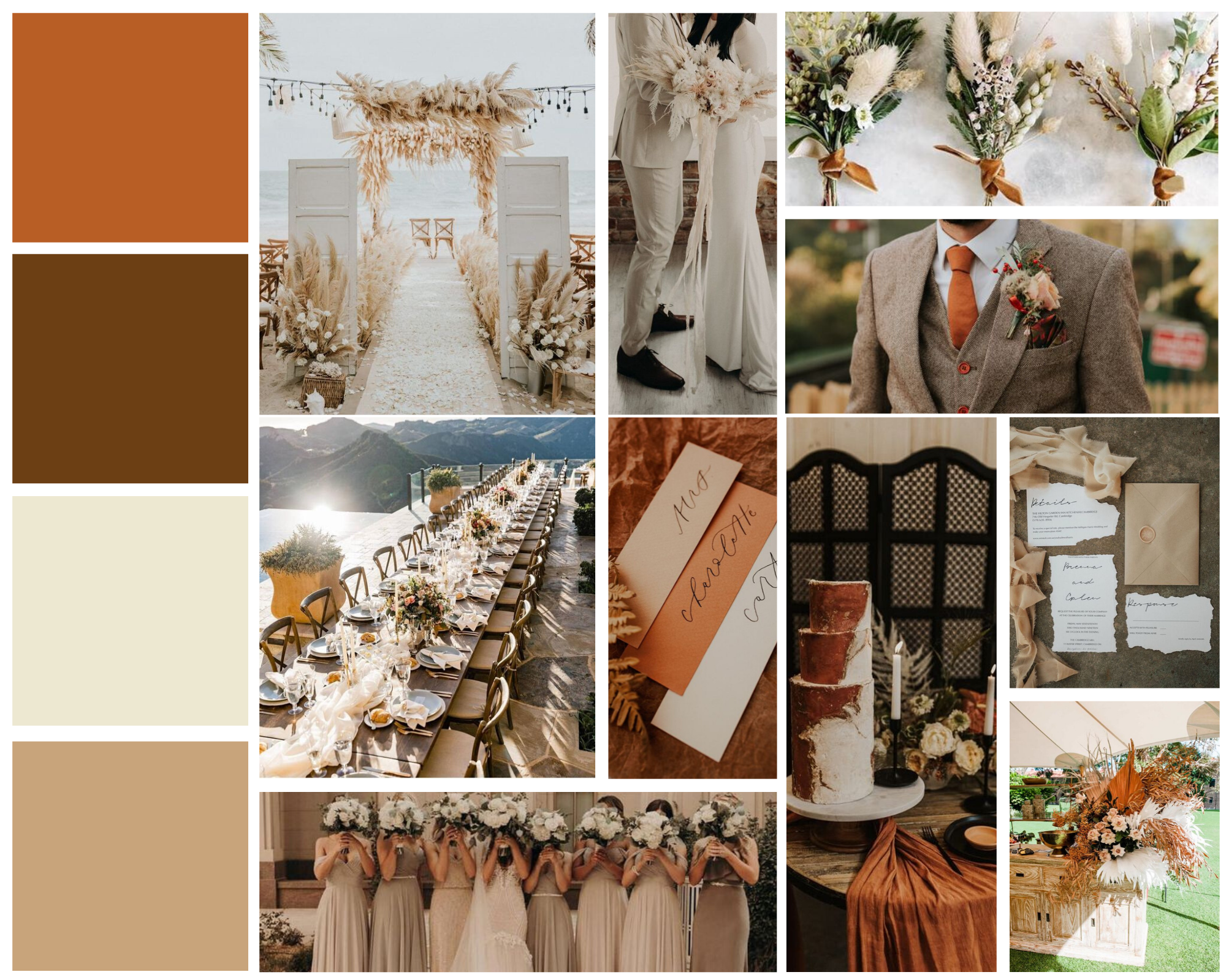 mood board for rustic wedding with neutrals and orange