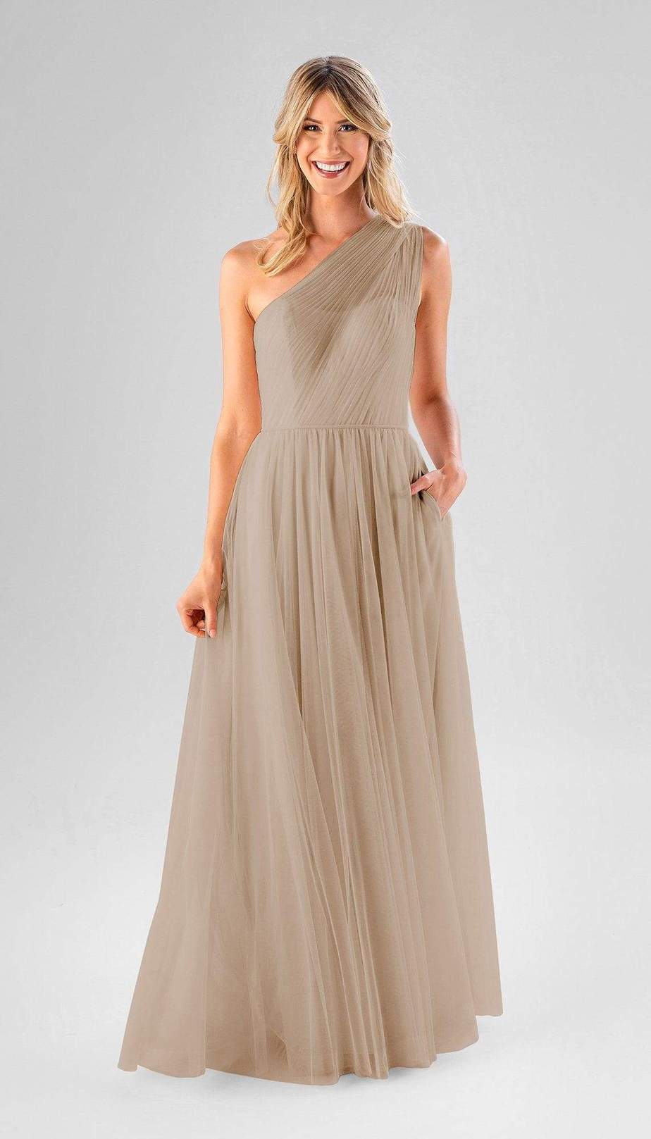 long one shoulder beige bridesmaid dress