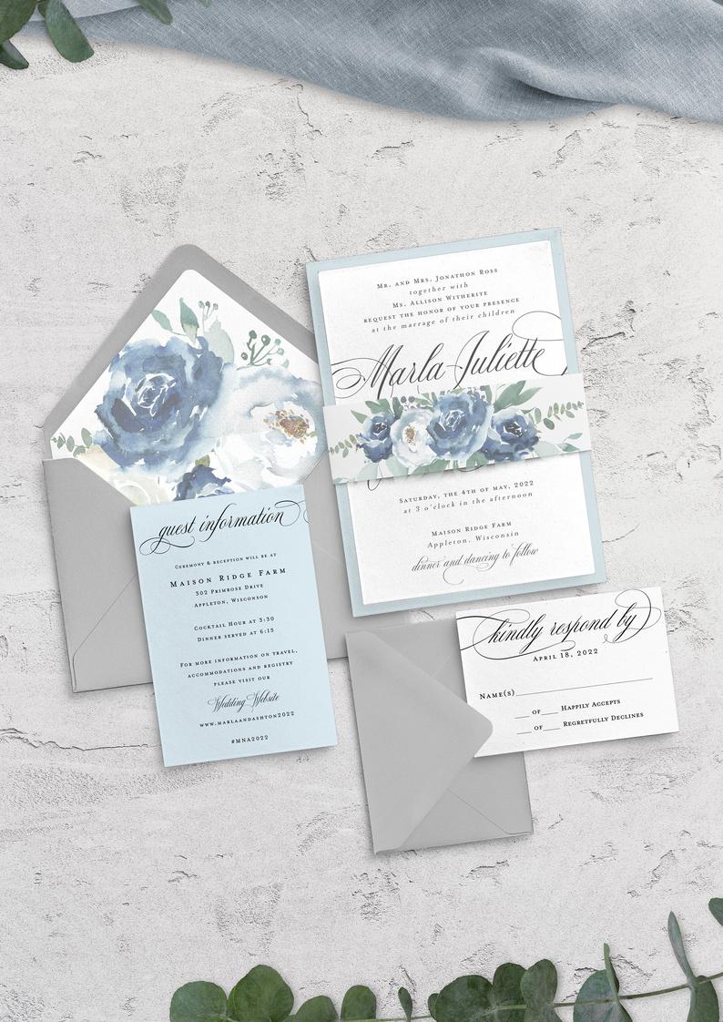 soft blue spring wedding invitations