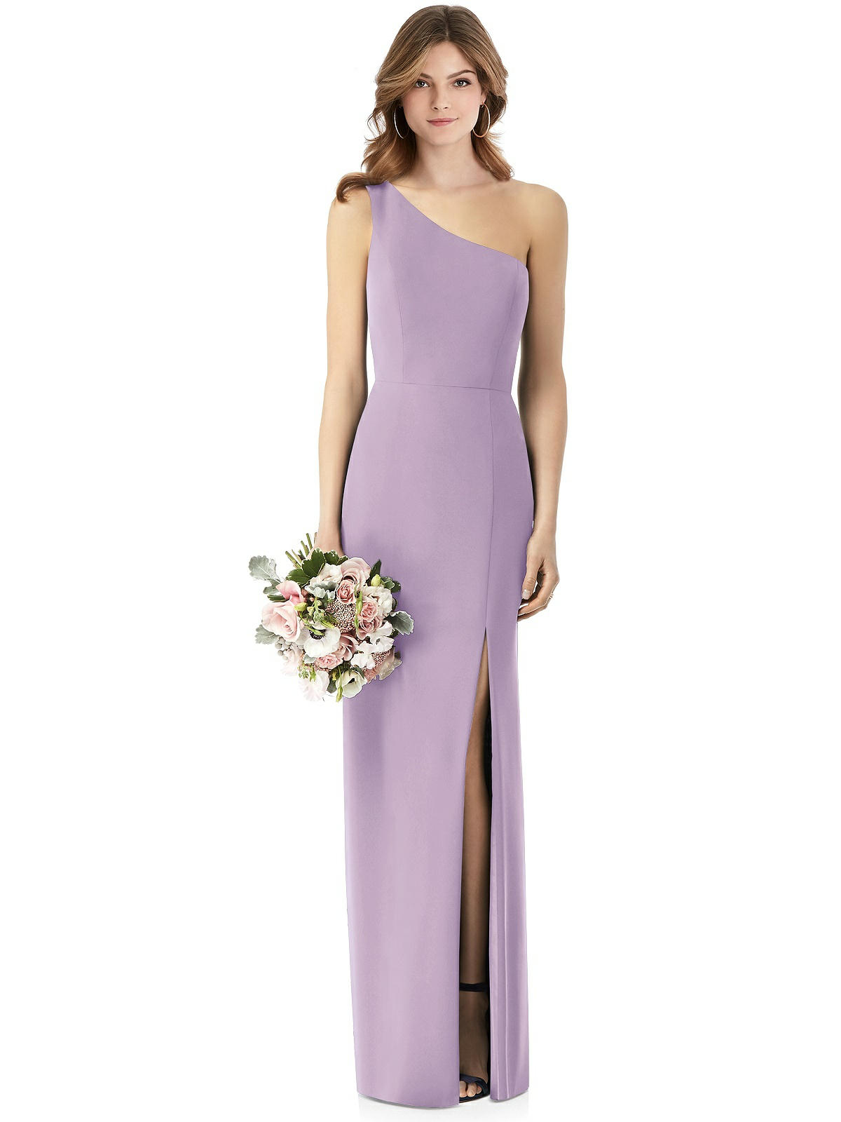 one shoulder purple long bridesmaid dress