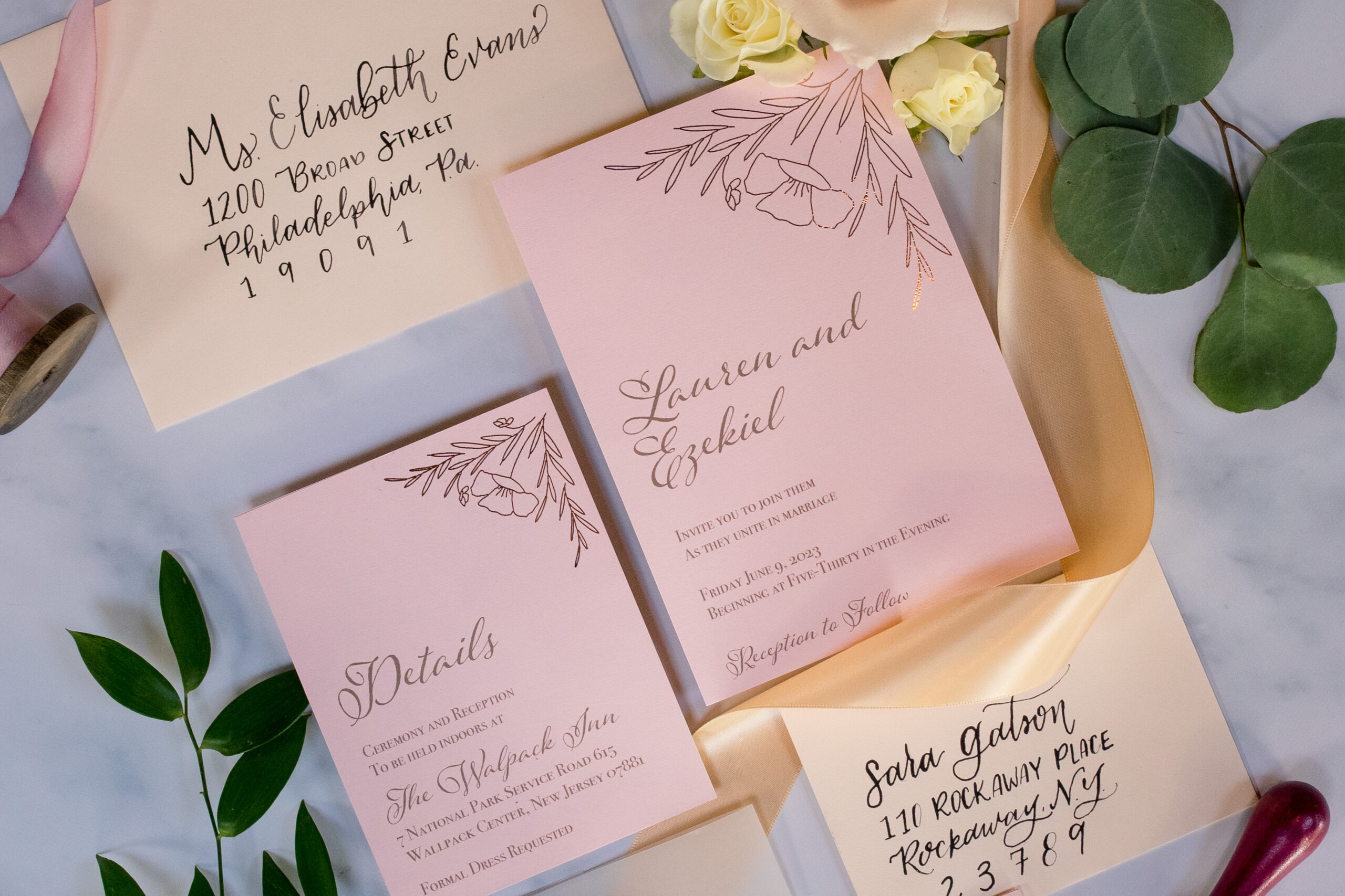 blush and gold wedding invitation suite