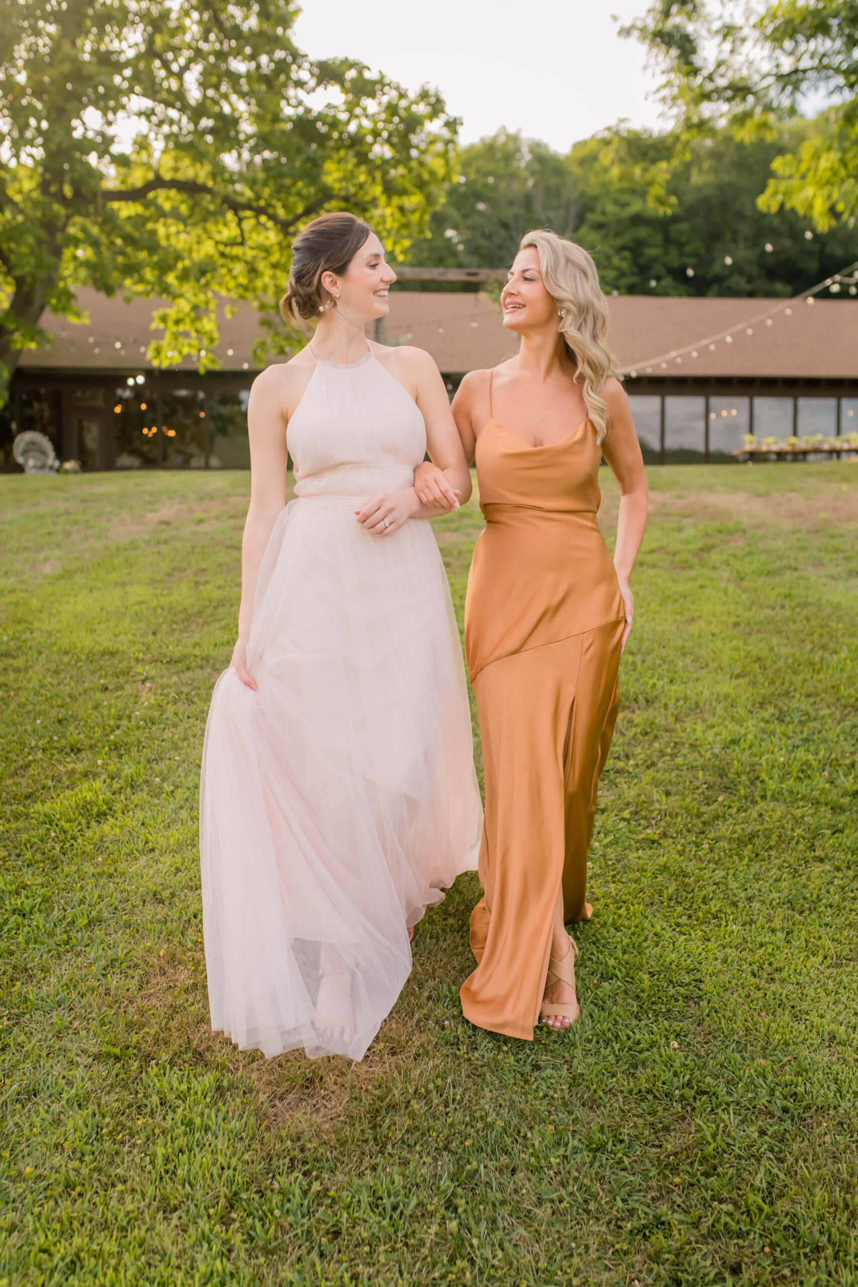 gold bridesmaid dress and pink bridesmaid dress