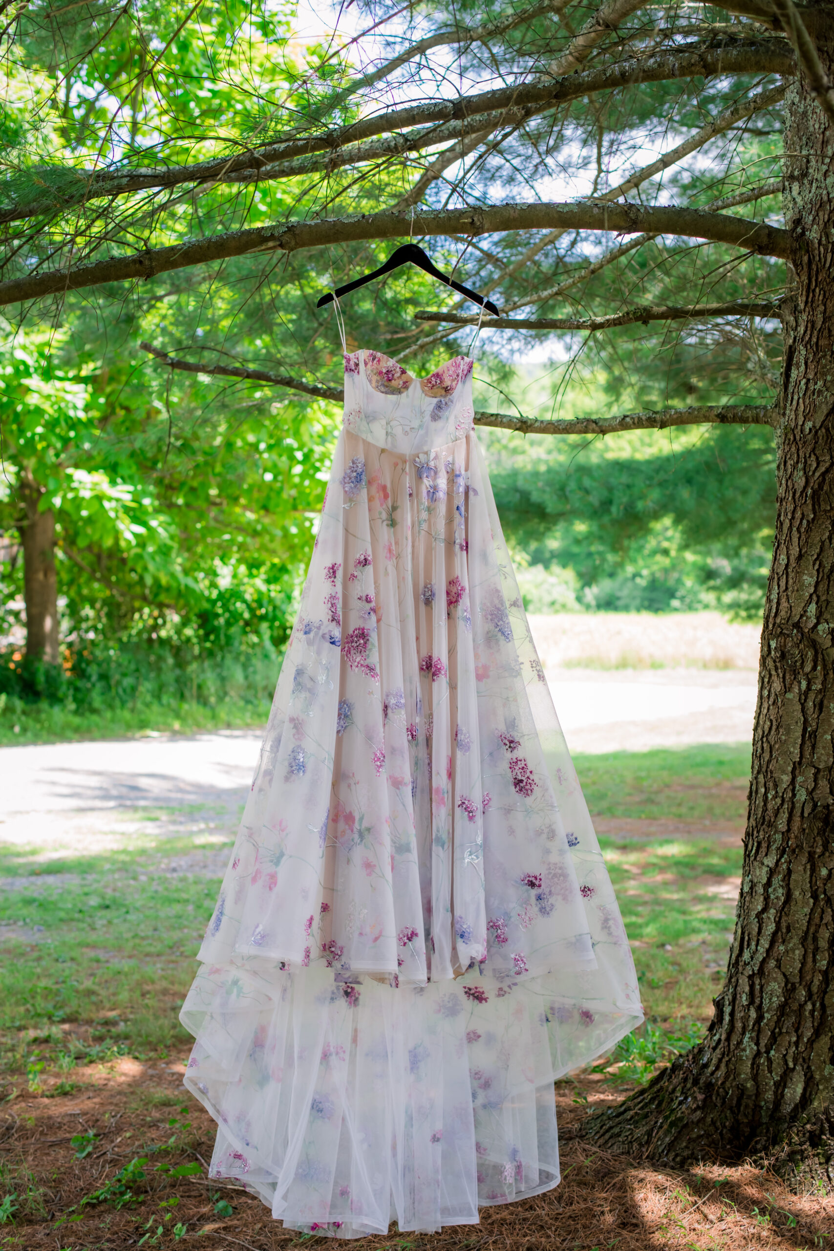 hand painted floral wedding gown hanging in tree