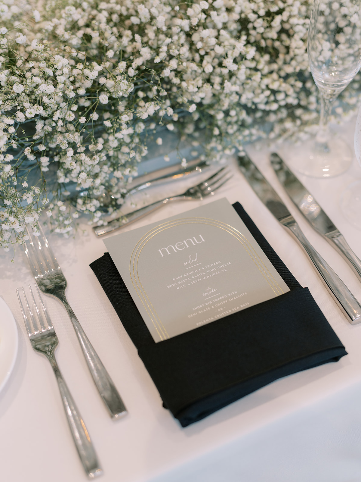 menu inside napkin and babys breath