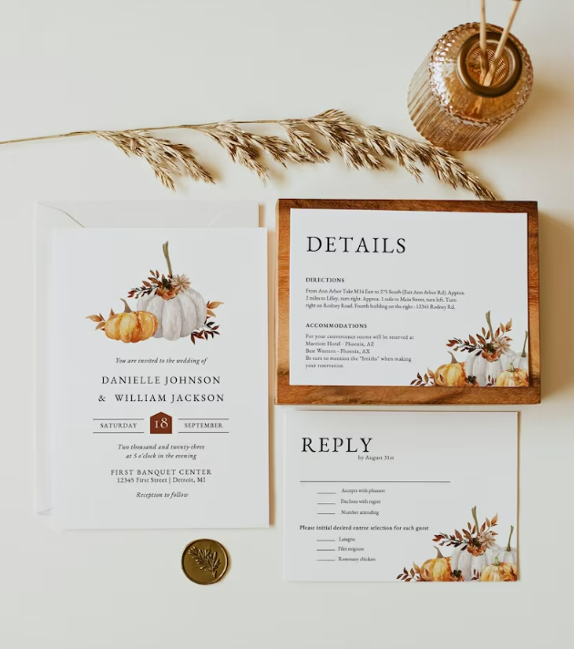 fall wedding invitations with pumpkins