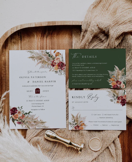 fall wedding invitation with pampas grass