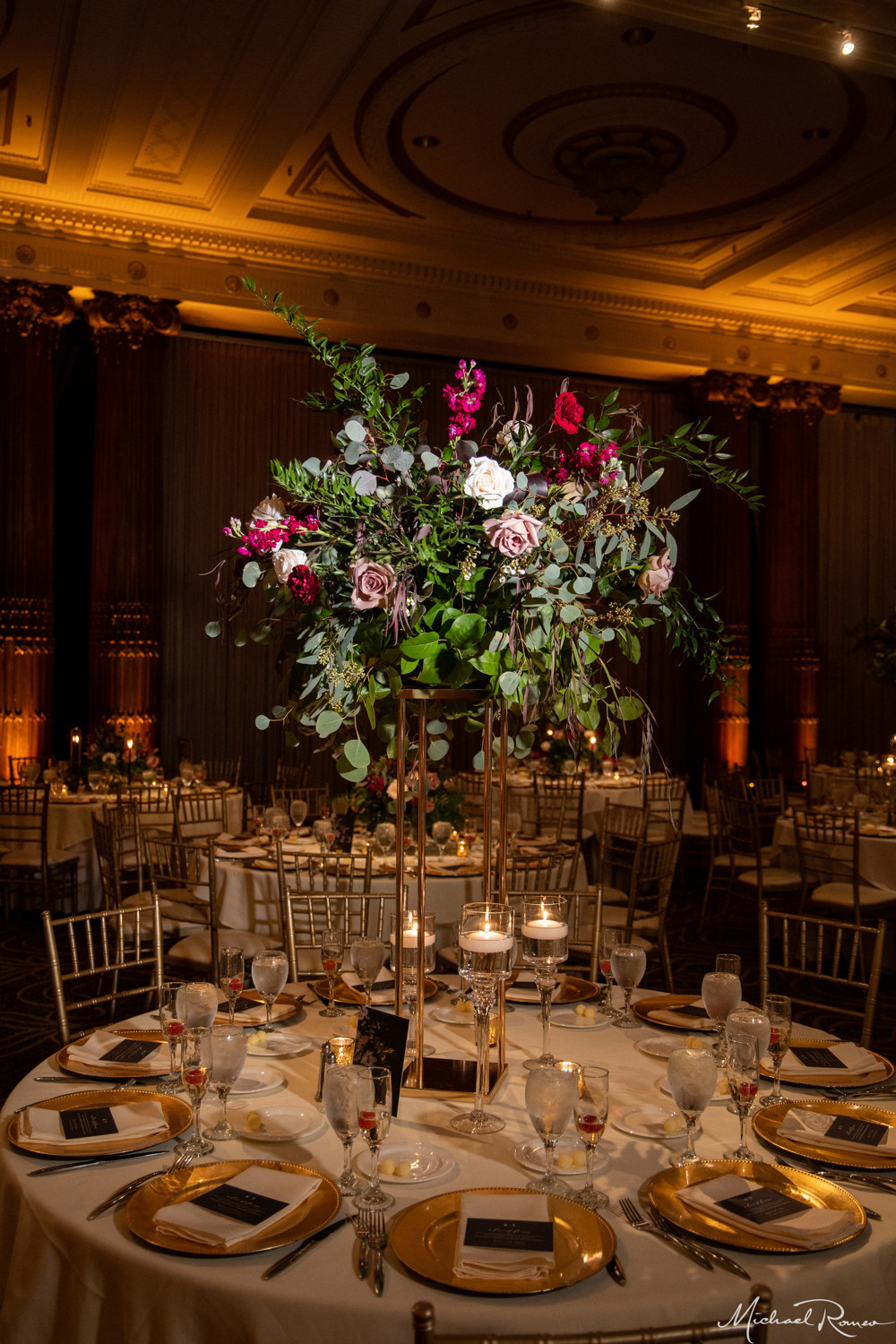 tall wedding centerpiece green black red pink