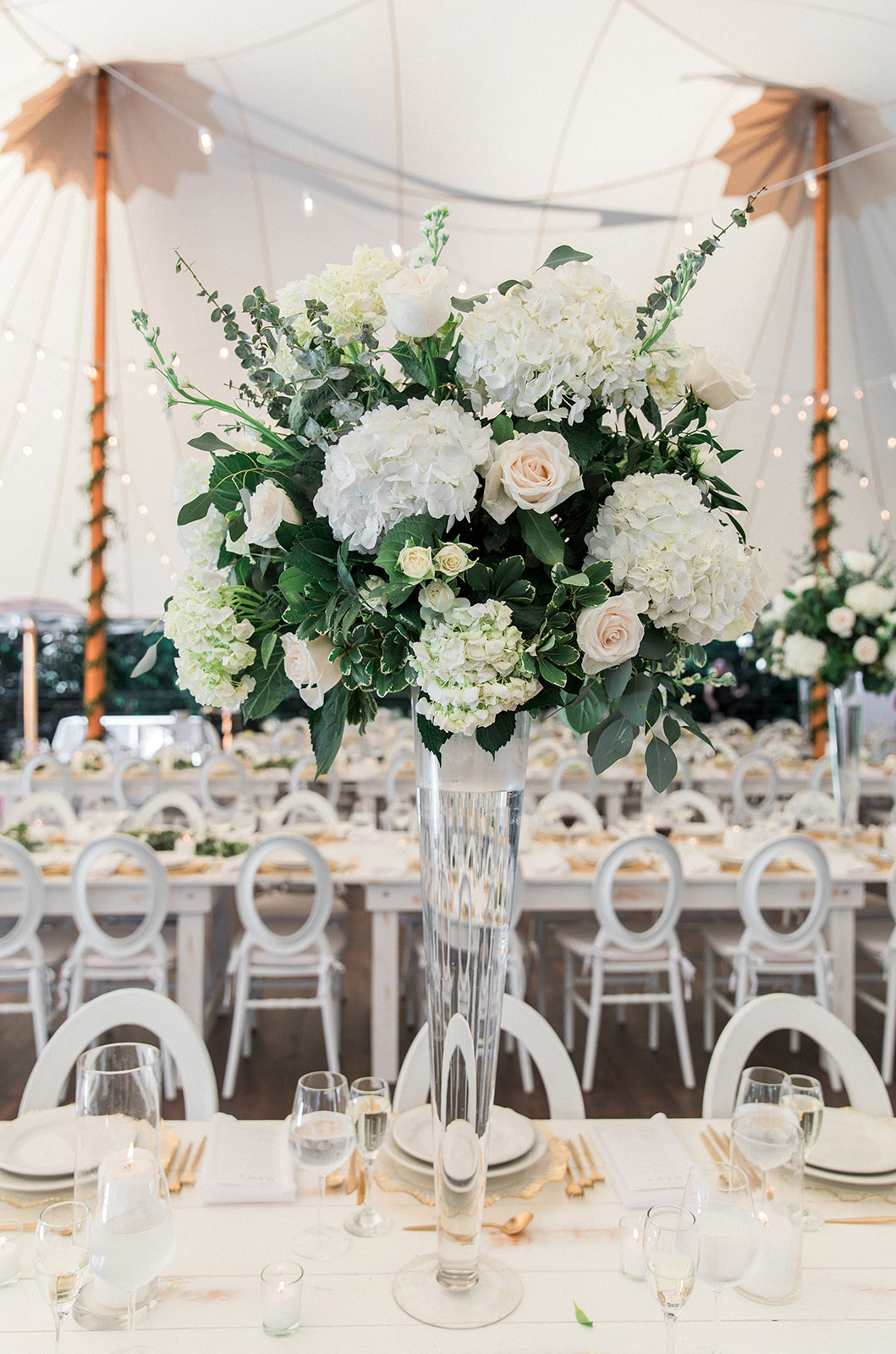 tall white pink and green wedding centerpiece