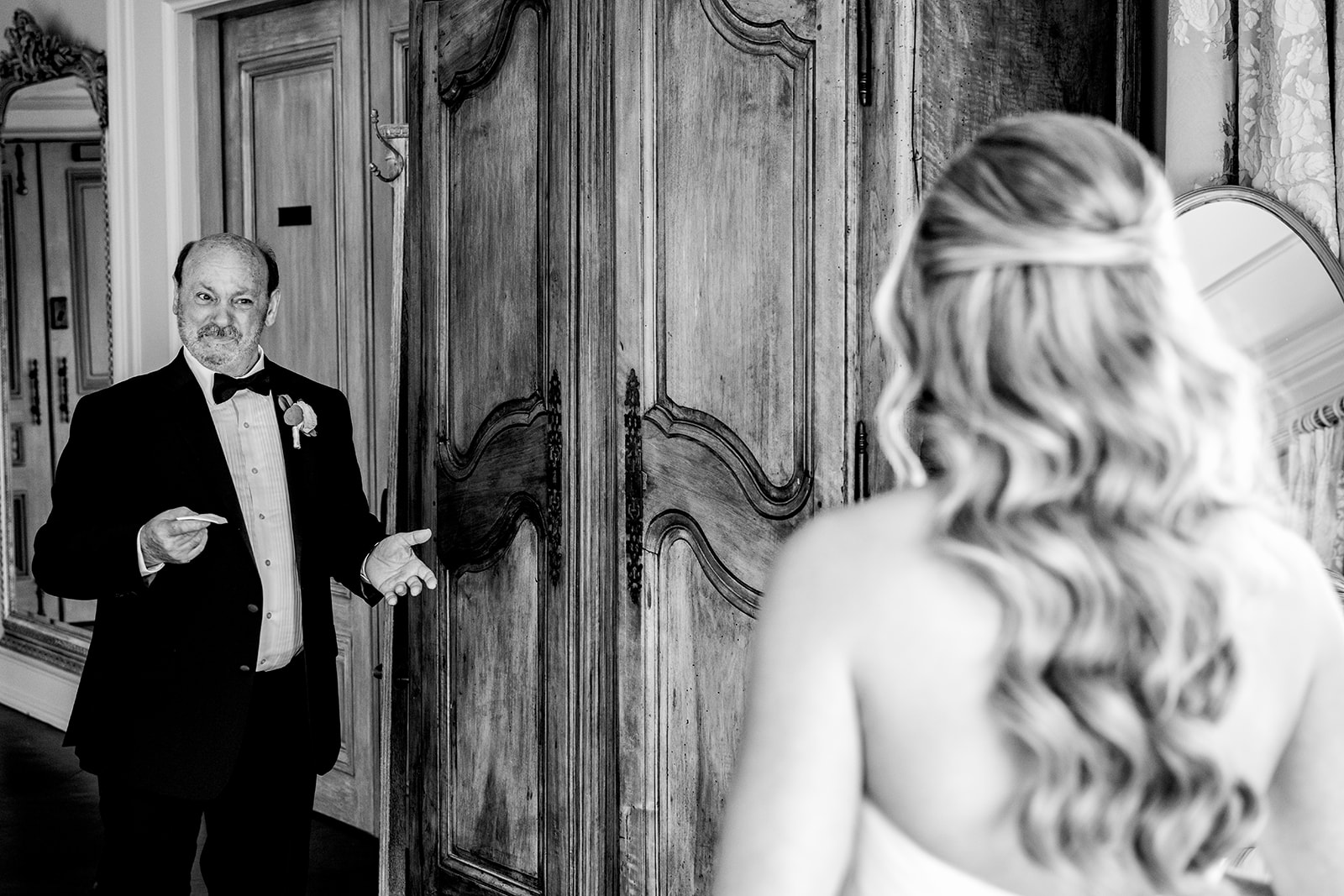 black and white photo bride and father of the bride