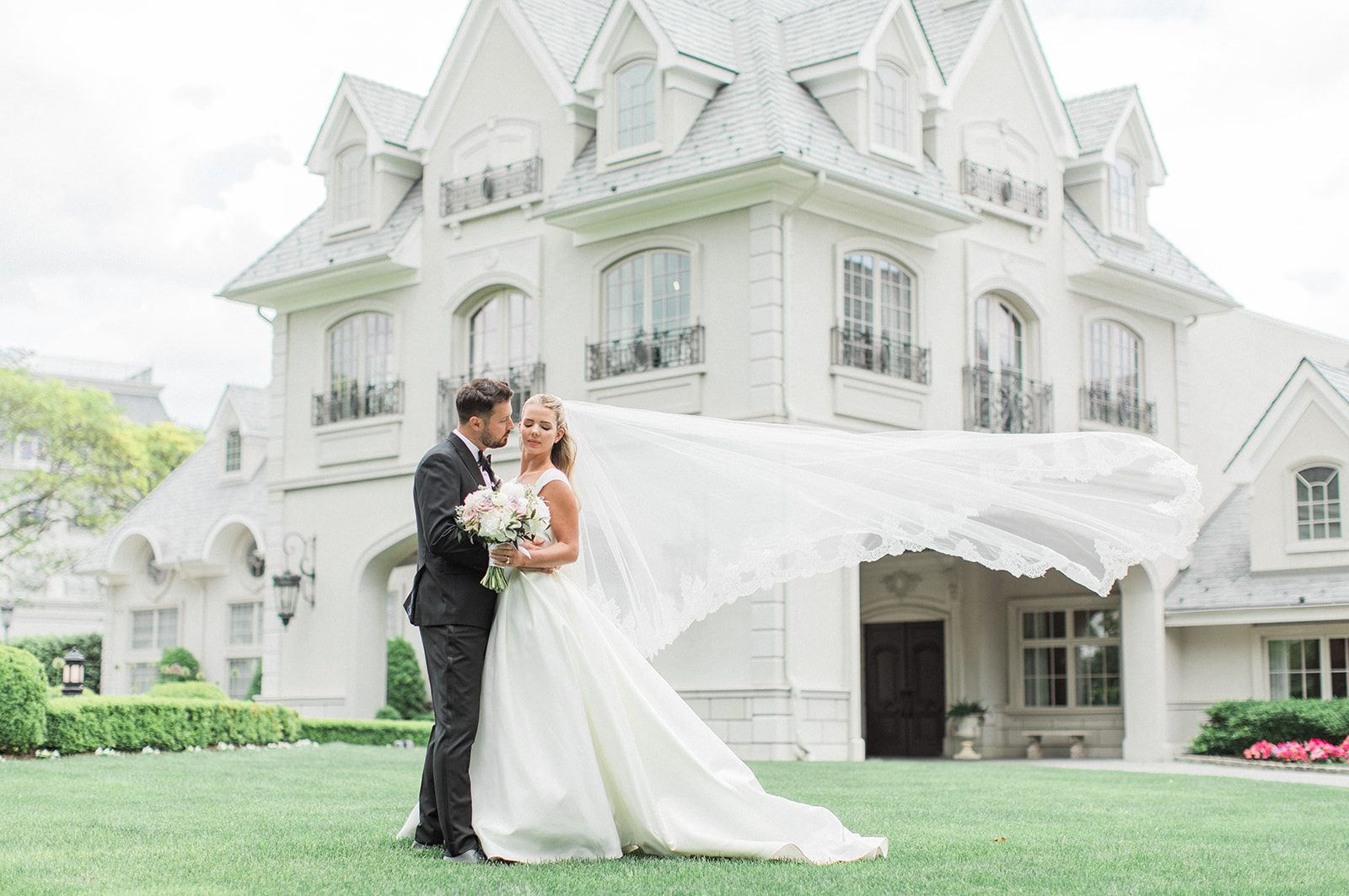 bride and groom outside
