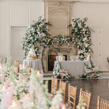 ballroom shot of sweetheart table, cake, and long table