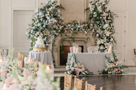 ballroom shot of sweetheart table, cake, and long table