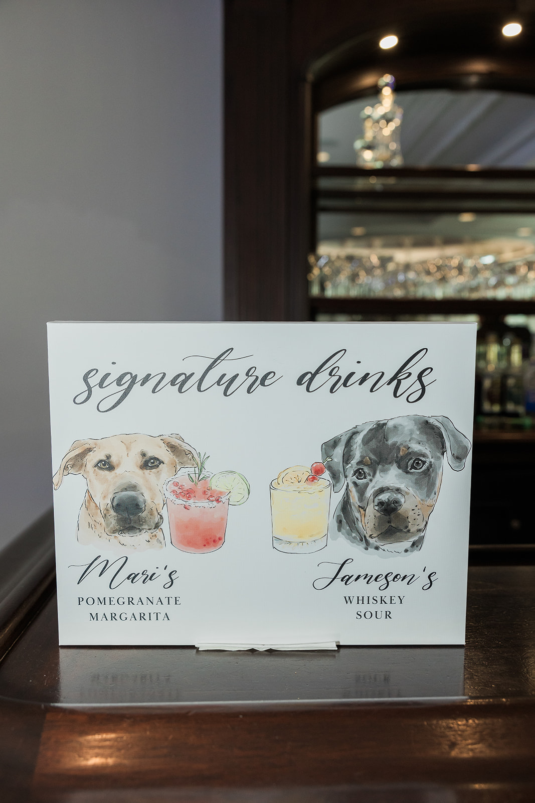 signature drink signs with dogs at wedding