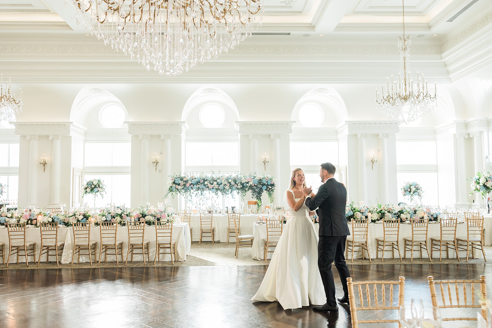 bride and groom in ballroom