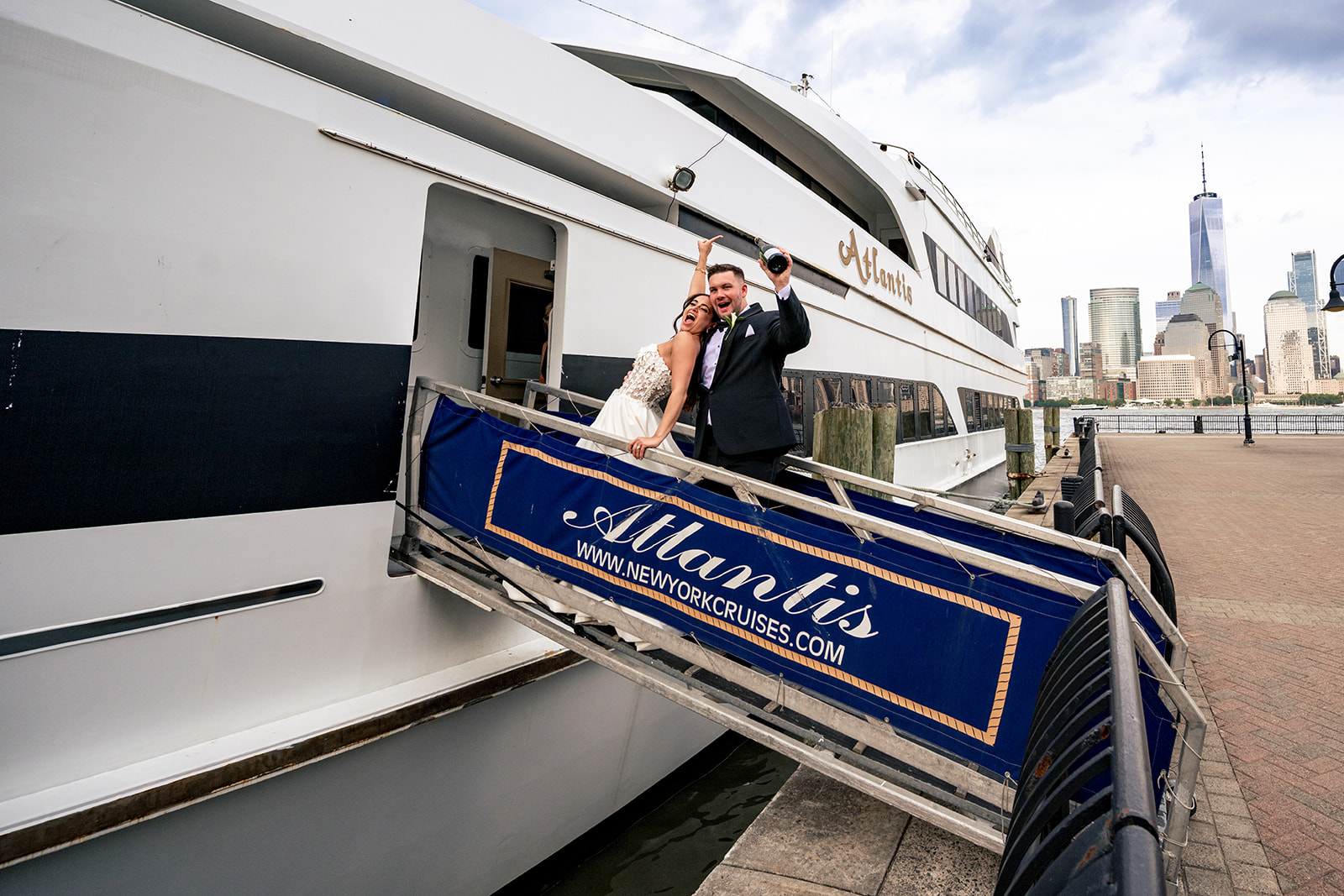 bride and groom getting on yacht