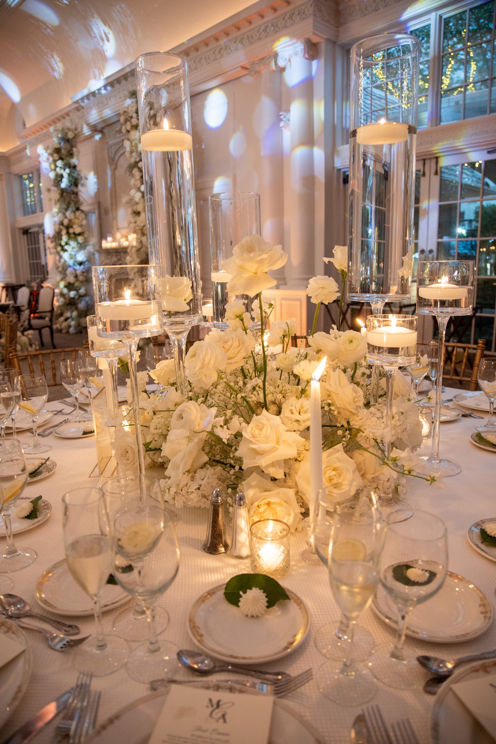 low centerpiece all white florals
