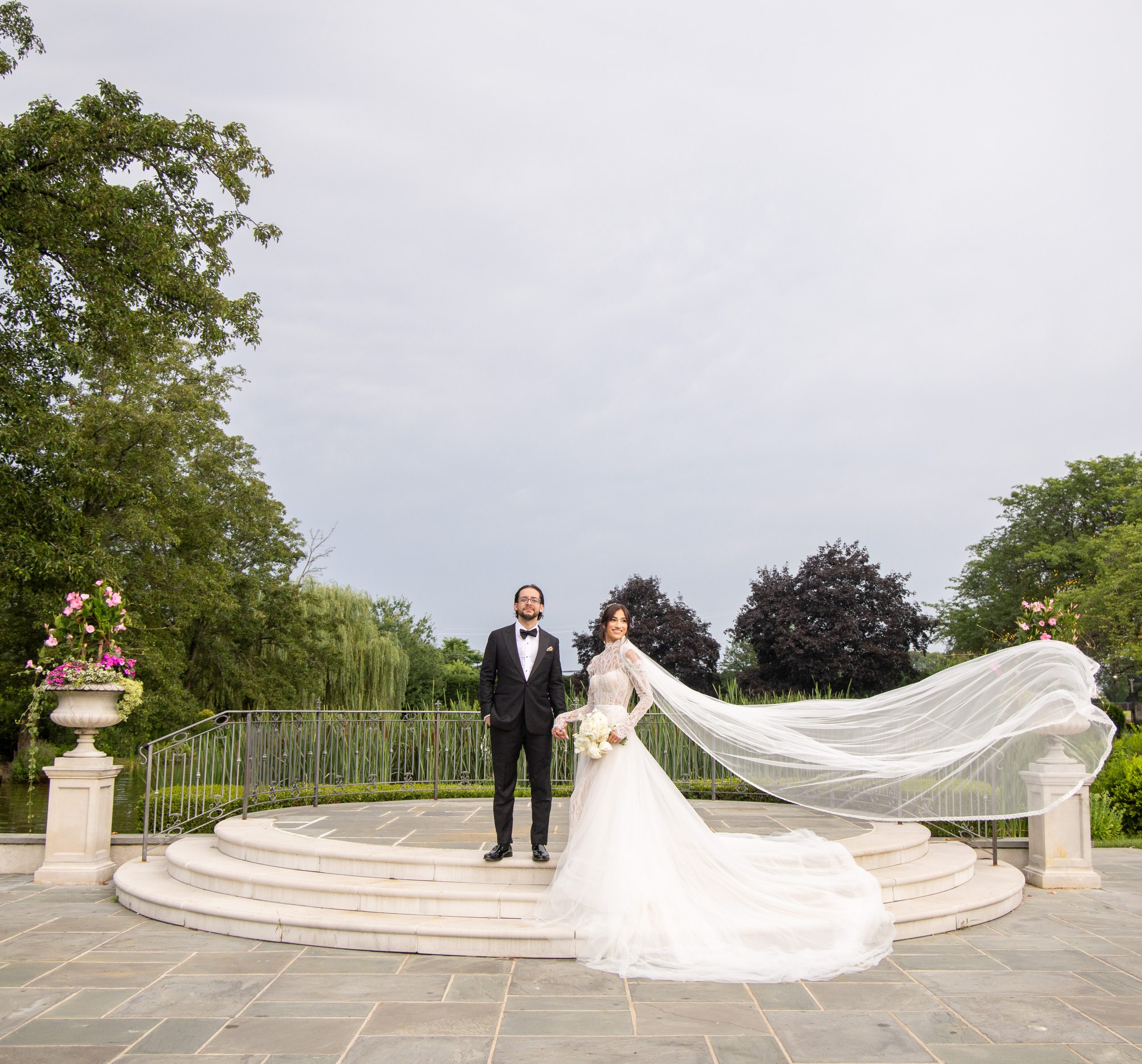bride and groom outside