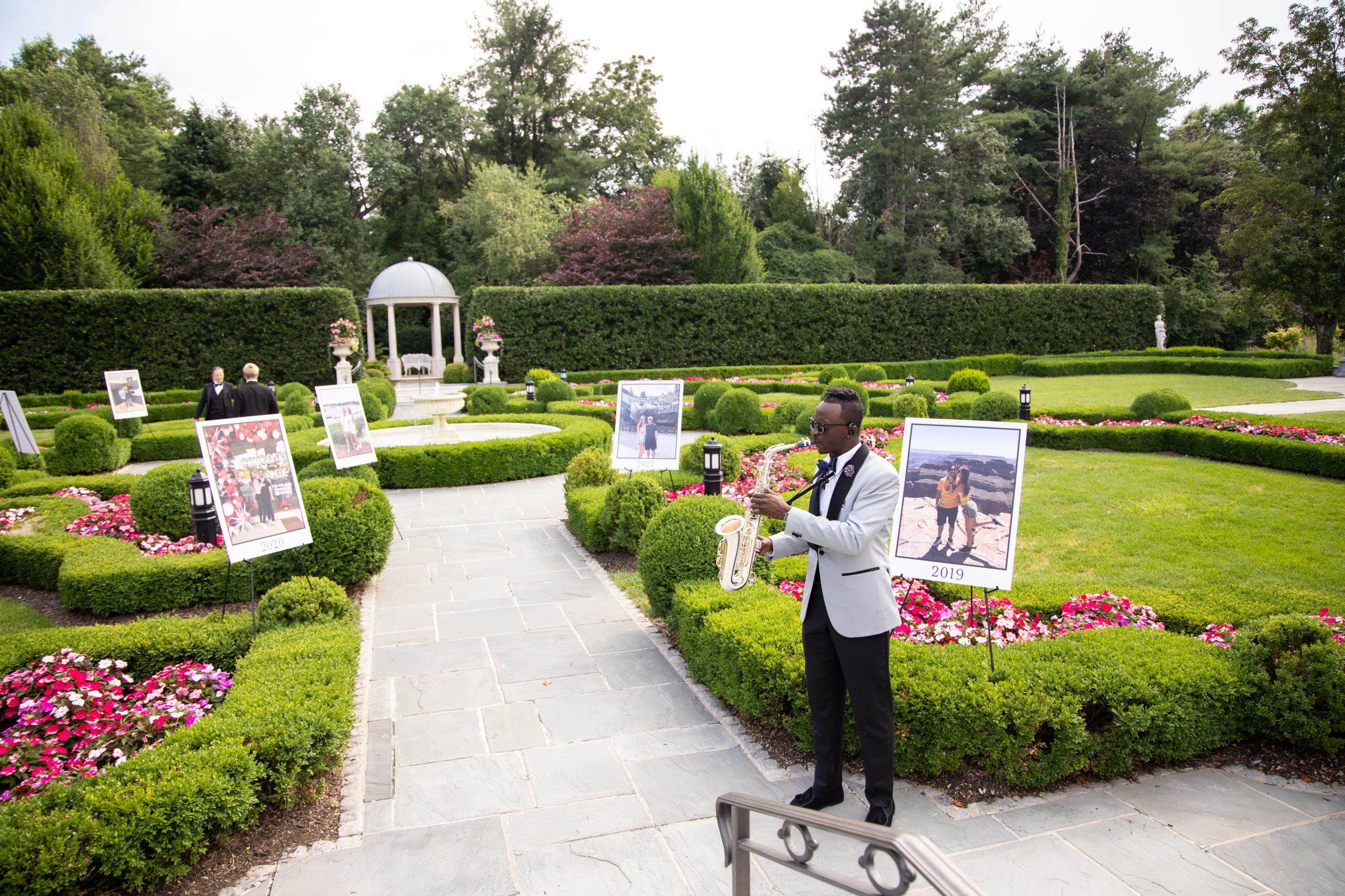 walkway outside with sax player
