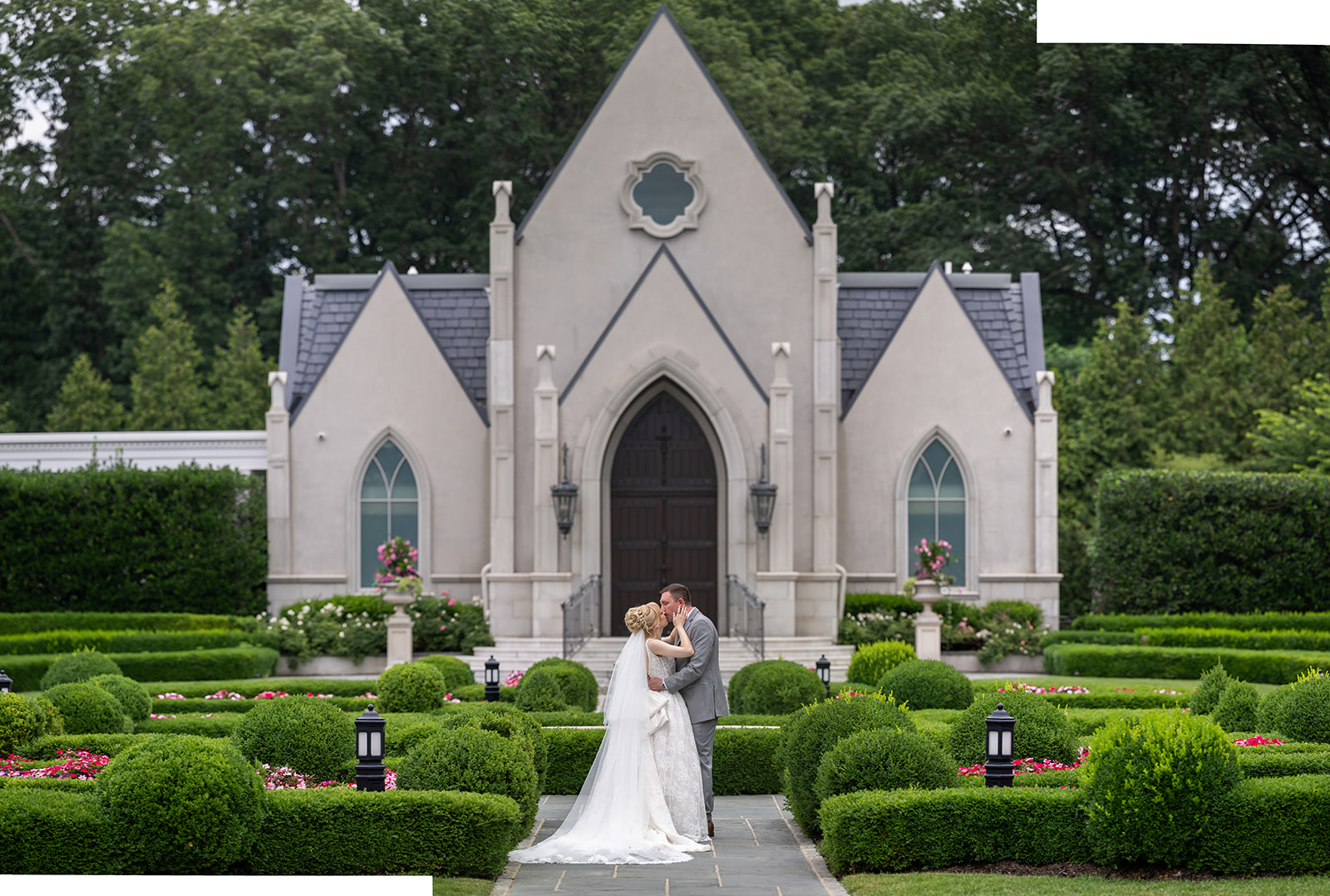 bride and groom outside chapel