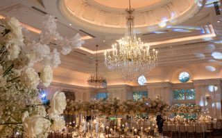 ballroom with all white centerpieces
