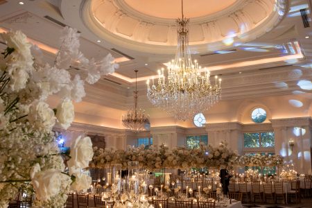 ballroom with all white centerpieces