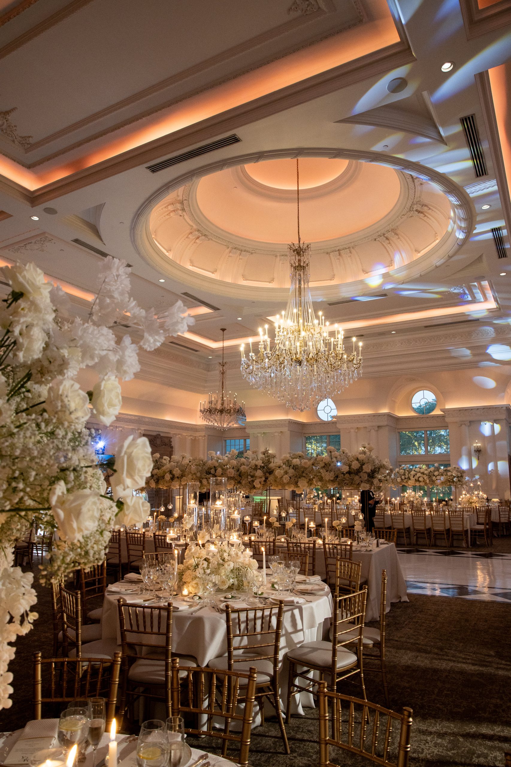 ballroom with all white centerpieces